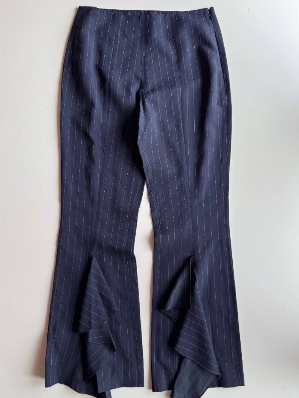 NWT SONIA RYKIEL Navy Blue Pinstripe Wool Silk Front Ruffle Slit Pants, Size S